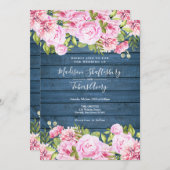 ブルーウッド素朴ピンクフローラ結婚式招待状 招待状 (正面/裏面)