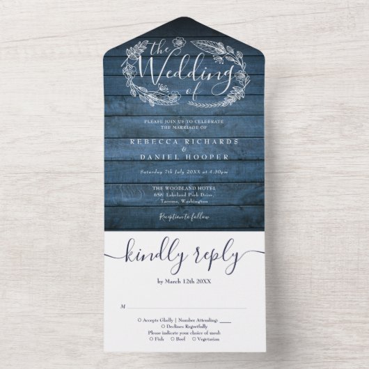 ブルーウッド素朴フローラガーランドモノグラム結婚ズ オールインワン招待状 (内側)