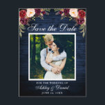 ブルーウッド素朴フローラブルゴーニュ日付を保存 案内ポストカード<br><div class="desc">ブルーウッド素朴保存の日付婚約写真はがき – 水色ブルゴーニュMarsalaフローラ、白い枠</div>