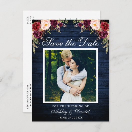 ブルーウッド素朴フローラブルゴーニュ日付を保存 案内ポストカード (正面/裏面)