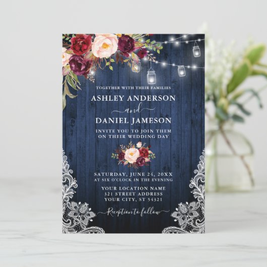 ブルーウッド結婚バーガンディフローラジャイルライトレース 招待状 (スタンド正面)