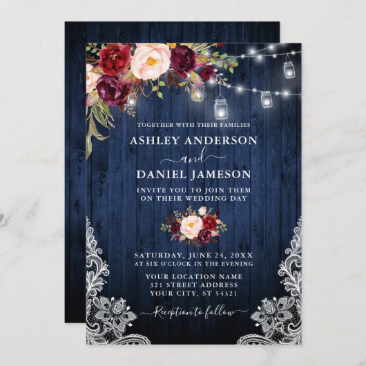 ブルーウッド結婚バーガンディフローラジャイルライトレース 招待状 (正面/裏面)