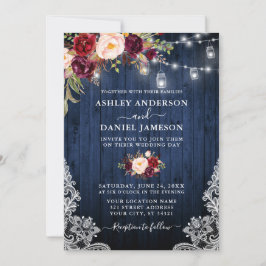 ブルーウッド結婚バーガンディフローラジャイルライトレース 招待状