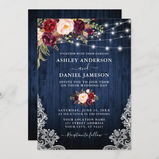 ブルーウッド結婚バーガンディフローラライトレース 招待状 (正面/裏面)