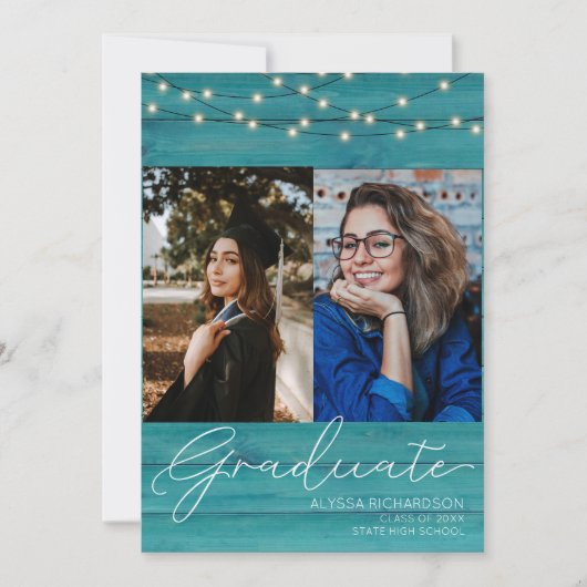 ブルーウッド2フォト手書きタイポグラフィ卒業 招待状 (正面)