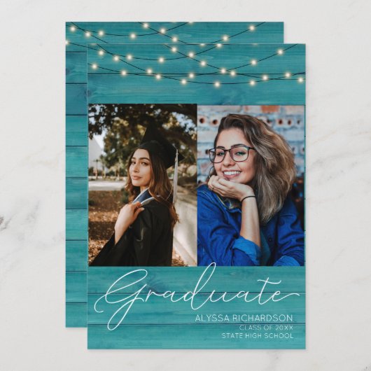 ブルーウッド2フォト手書きタイポグラフィ卒業 招待状 (正面/裏面)