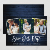 ブルーウッド ブラシスクリプト 3枚写真 セーブザデート カード (正面/裏面)