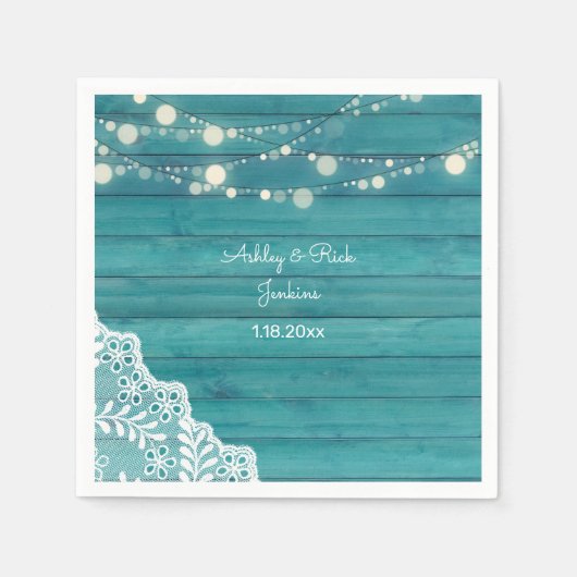 ブルーウッド、レース、ストリングライト スタンダードカクテルナプキン (正面)