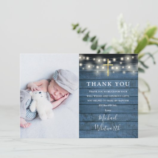 ブルーウッ素朴ドストリングライトフォトバプティスマ サンキューカード (スタンド正面)