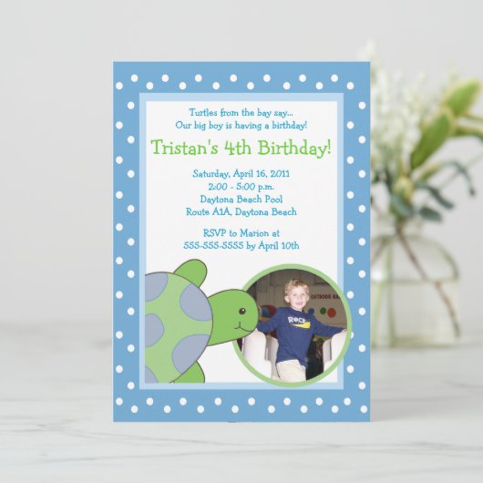 ブルーウミガメ*写真*誕生日5 x 7 招待状 (スタンド正面)