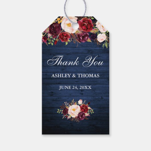 ブルーウ素朴ィードブルゴーニュフローラ結婚の感謝 ギフトタグ (正面)