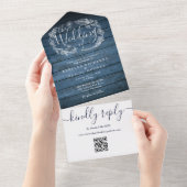 ブルーウ素朴ッドQRコードモノグラムフローラ結婚ズ オールインワン招待状 (貼ってはがせる)