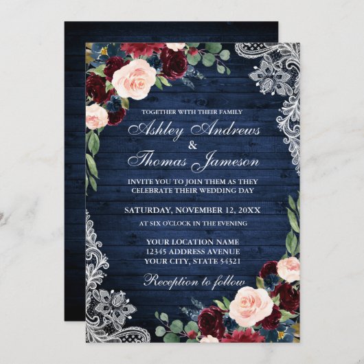 ブルーウ素朴結婚ィードブルゴーニュブルーフローラ 招待状 (正面/裏面)