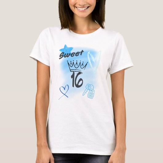 ブルーエアブラシで描かれたクラウン付きSweet 16 Tシャツ (正面)