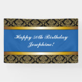 ブルーエイジ金ゴールドダマスク誕生日バナー 横断幕 (横)