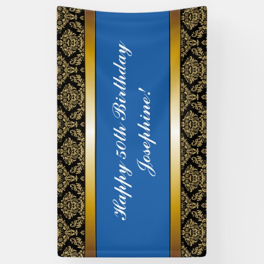 ブルーエイジ金ゴールドダマスク誕生日バナー 横断幕 (縦)