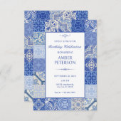 ブルーエスニック地中海のボホタイル誕生日 招待状 (正面/裏面)