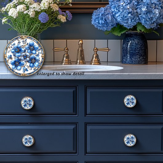 ブルーエナメルフラワーズ金ゴールドつる植物&サファイア セラミックノブ