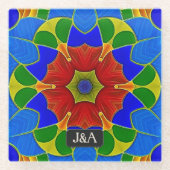 ブルーエナメルフランスのクロイソンネ – 花とイニシャル ガラスコースター (正面)