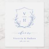 ブルーエレガンス植物冠モノグラム結婚ズ ワインラベル (シングルラベル)