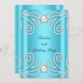 ブルーエレガントかわいらしダイヤモンドパールバースデーパーティー 招待状 (正面/裏面)