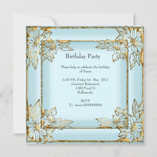 ブルーエレガントかわいらし金ゴールド誕生会 招待状 (裏面)