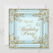 ブルーエレガントかわいらし金ゴールド誕生会 招待状 (正面)