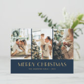 ブルーエレガントとゴールドのフォイルの星フォトクリスマス シーズンカード (スタンド正面)