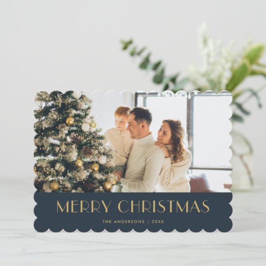 ブルーエレガントとゴールドフォイルの写真クリスマスカード シーズンカード (スタンド正面)