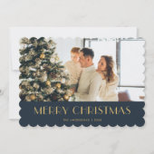 ブルーエレガントとゴールドフォイルの写真クリスマスカード シーズンカード (正面)