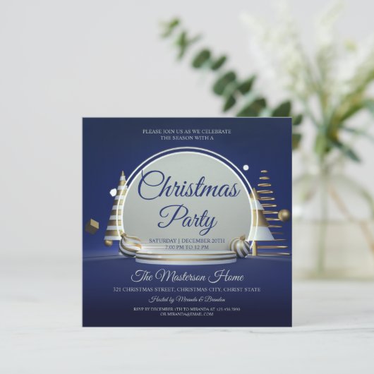 ブルーエレガントとシルバーのクリスマスパーティの招待状 招待状 (スタンド正面)