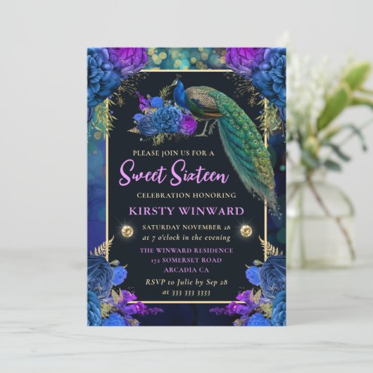 ブルーエレガントとパープルのフローラピーコックスウィート16 招待状 (スタンド正面)
