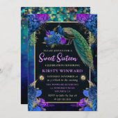 ブルーエレガントとパープルのフローラピーコックスウィート16 招待状 (正面/裏面)