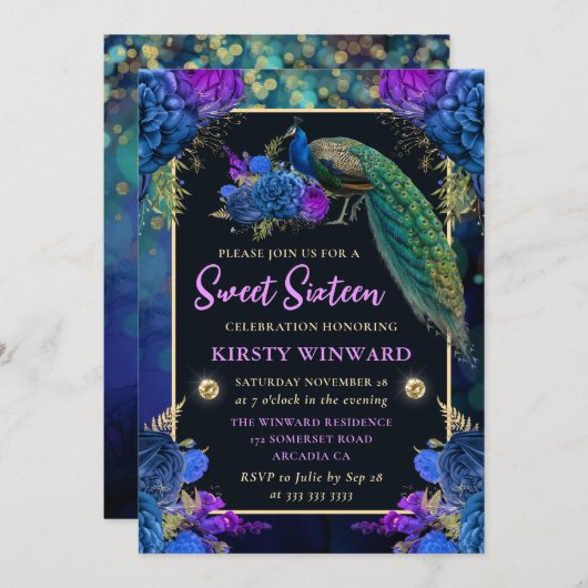 ブルーエレガントとパープルのフローラピーコックスウィート16 招待状 (正面/裏面)