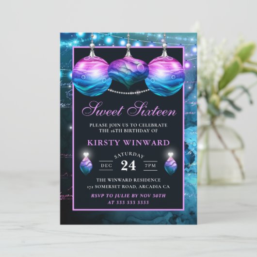 ブルーエレガントとパープルマーメイドボードスウィート16 招待状 (スタンド正面)