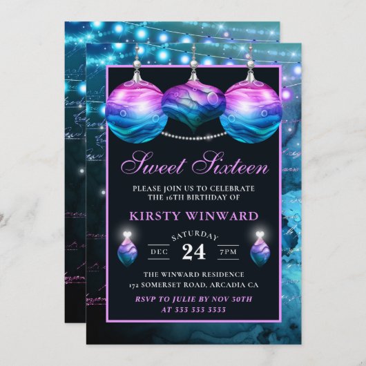 ブルーエレガントとパープルマーメイドボードスウィート16 招待状 (正面/裏面)