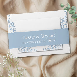 ブルーエレガントとホワイトのシンプルヴィンテージウェディング 招待状ベリーバンド