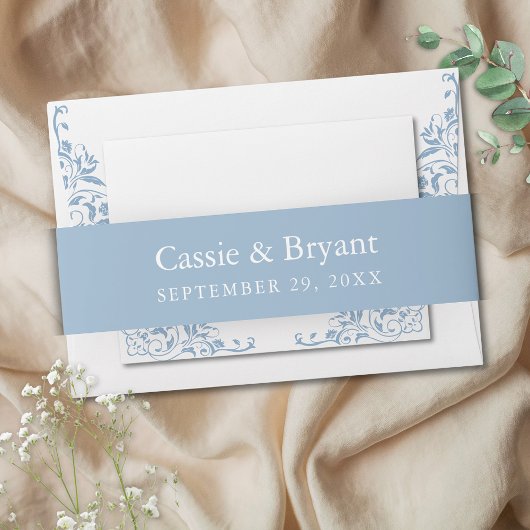 ブルーエレガントとホワイトのシンプルヴィンテージウェディング 招待状ベリーバンド