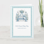 ブルーエレガントとホワイトクリブ男の赤ちゃんバプテスマ カード (正面)