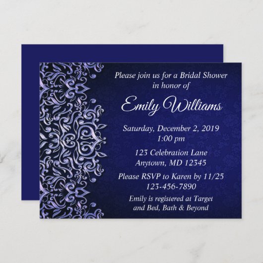 ブルーエレガントとホワイトダマスクウィンターブライダルシャワー 招待状 (正面/裏面)