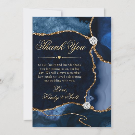 ブルーエレガントと金ゴールドグリッターアゲ結婚ート サンキューカード (正面)