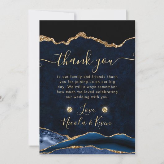 ブルーエレガントと金ゴールドグリッターアゲ結婚ート サンキューカード (正面)