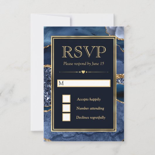 ブルーエレガントと金ゴールドグリッターアゲ結婚ート 出欠カード (正面)