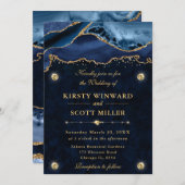 ブルーエレガントと金ゴールドグリッターアゲ結婚ート 招待状 (正面/裏面)