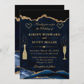 ブルーエレガントと金ゴールドグリッターアゲ結婚ート 招待状 (正面/裏面)