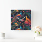 ブルーエレガントと金ゴールドピーコックインカラフルガーデン スクエア壁時計 (ホーム)