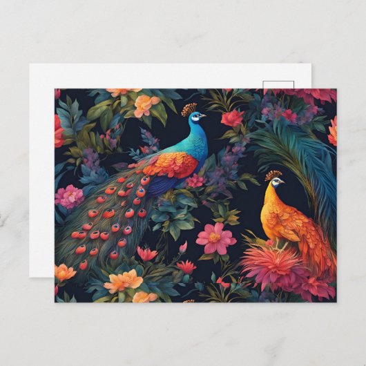 ブルーエレガントと金ゴールドピーコックインカラフルガーデン ポストカード (正面/裏面)