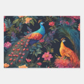 ブルーエレガントと金ゴールドピーコックインカラフルガーデン ラッピングペーパーシート (正面)