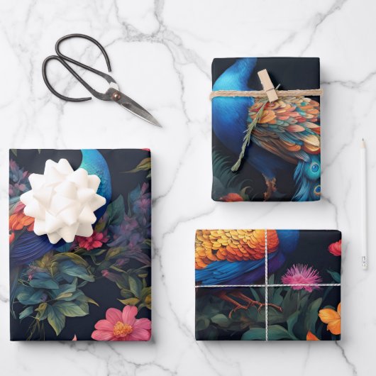 ブルーエレガントと金ゴールドピーコックインカラフルガーデン ラッピングペーパーシート (正面)