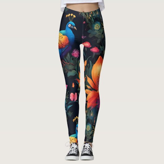 ブルーエレガントと金ゴールドピーコックインカラフルガーデン レギンス (正面)